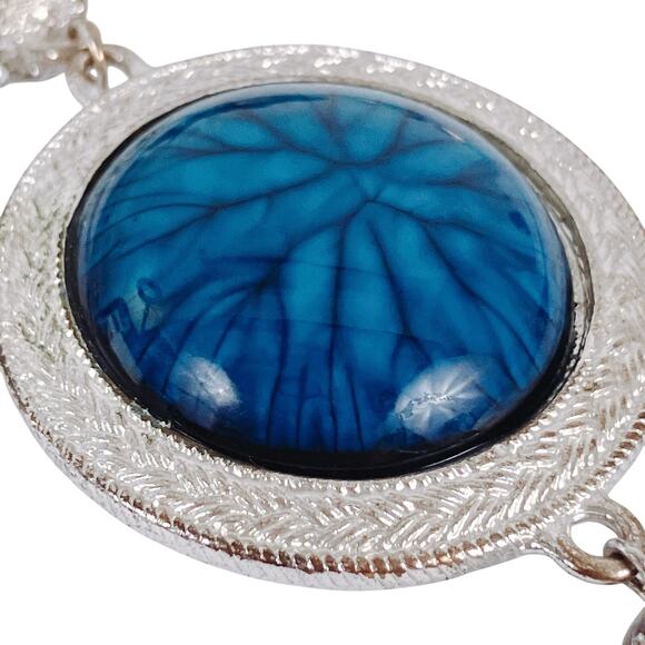 VTG Silver Tone Tassel Necklace Blue Cabochon Rhinestone Long Pendant Bold Retro - Picture 3 of 13